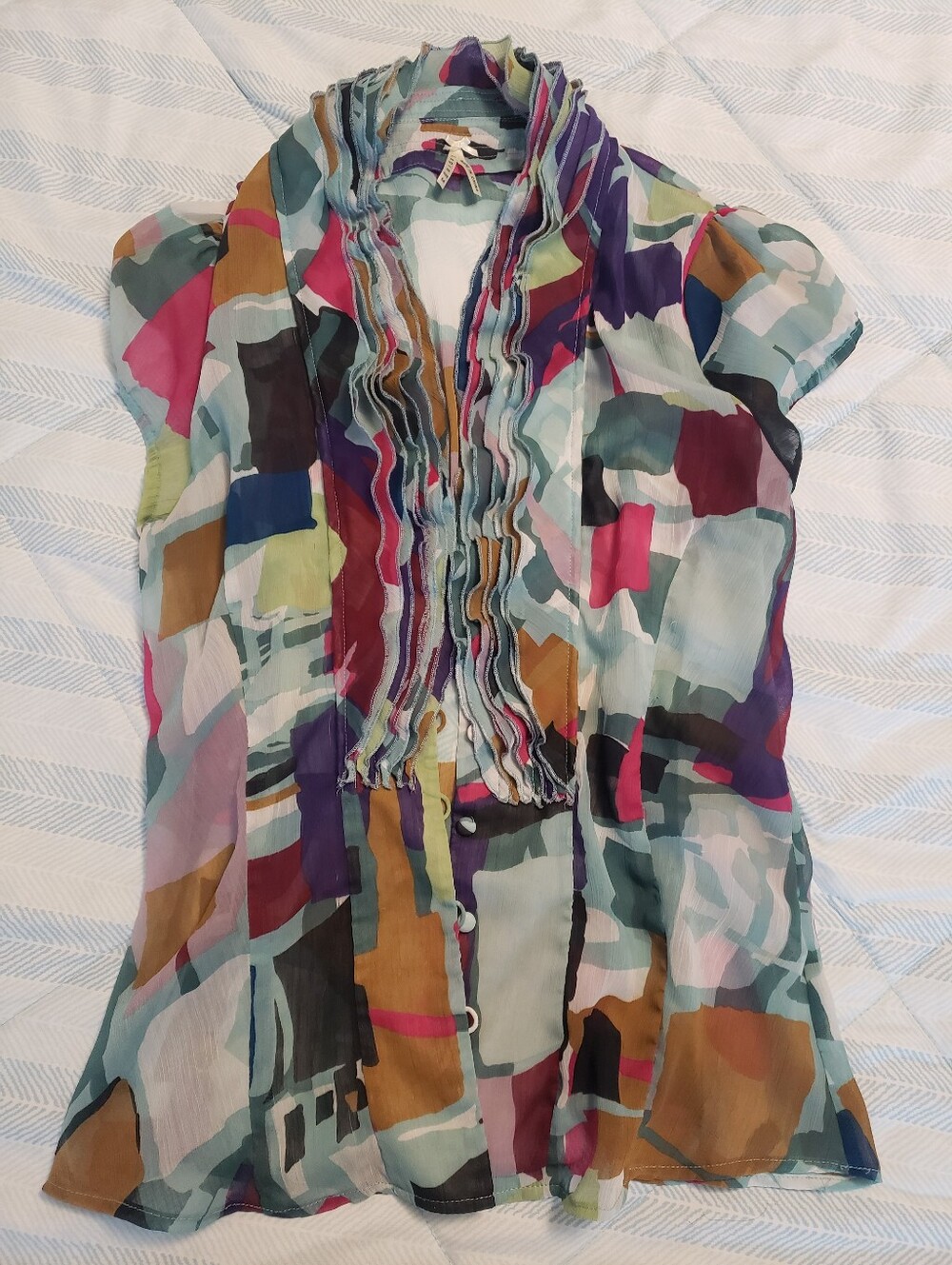 Lapis Multicolor Ruffle Front Sheer Blouse - Teal, Purple, Pink, Mustard